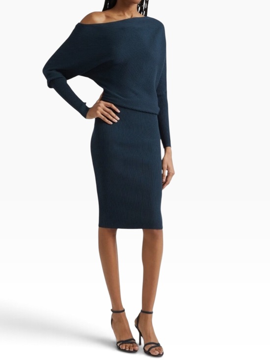 Reiss Dresses & Skirts - Reiss Lara Teal Ribbed Off Shoulder Batwing Knit Dress Size
